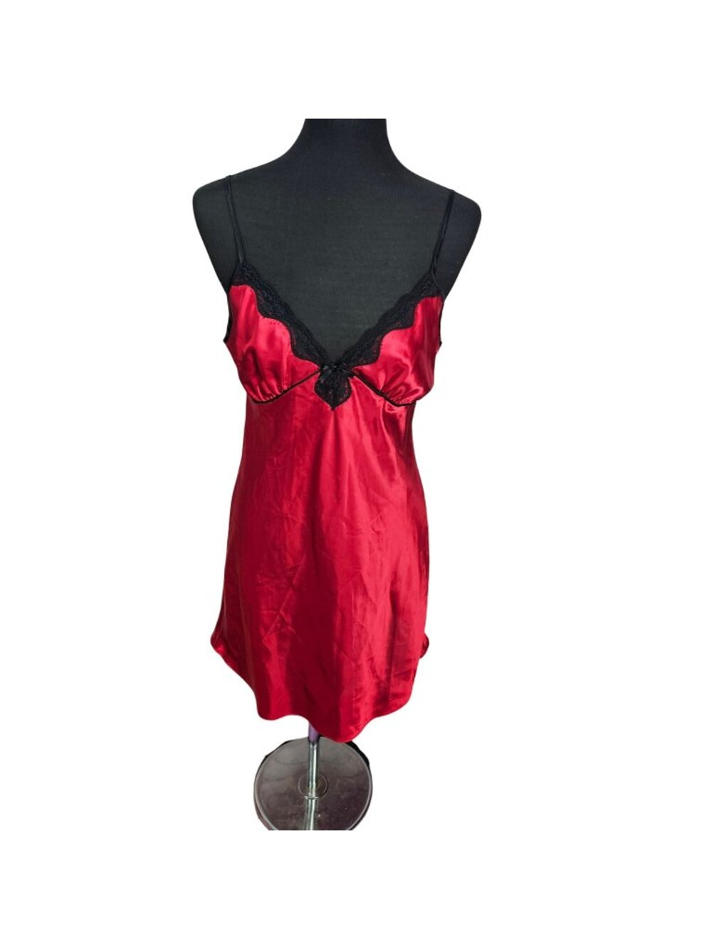 Linea Donatella Red Satin Chemise With Lace Trim & Adjustable Straps M 100% Poly